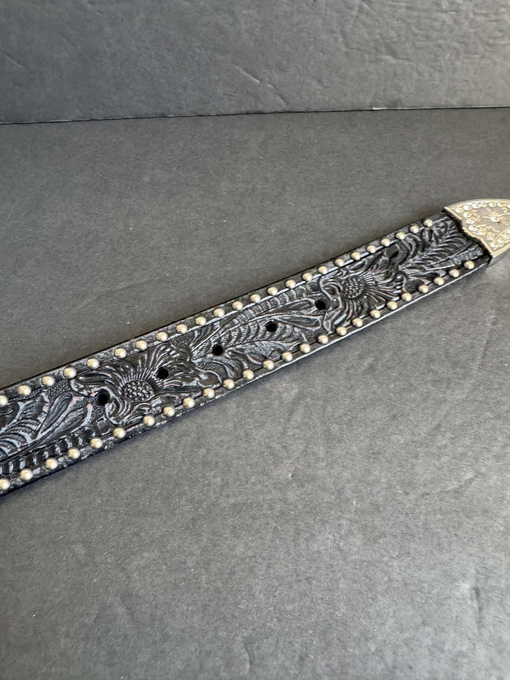 Black Leather Rhinestone Belt Crystal Festival Western Cowgirl Tooled Large - Picture 5 of 12